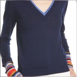 Veronica Beard Merino Wool V-Neck Sweater Avory Contrast Cuff Medium